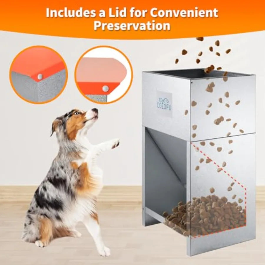 Dog Feeder - Galvanized Metal Pet Food Station for Indoor Outdoor Use - Gray - Automatic Gravity-Fed Dispenser Suitable for Sma