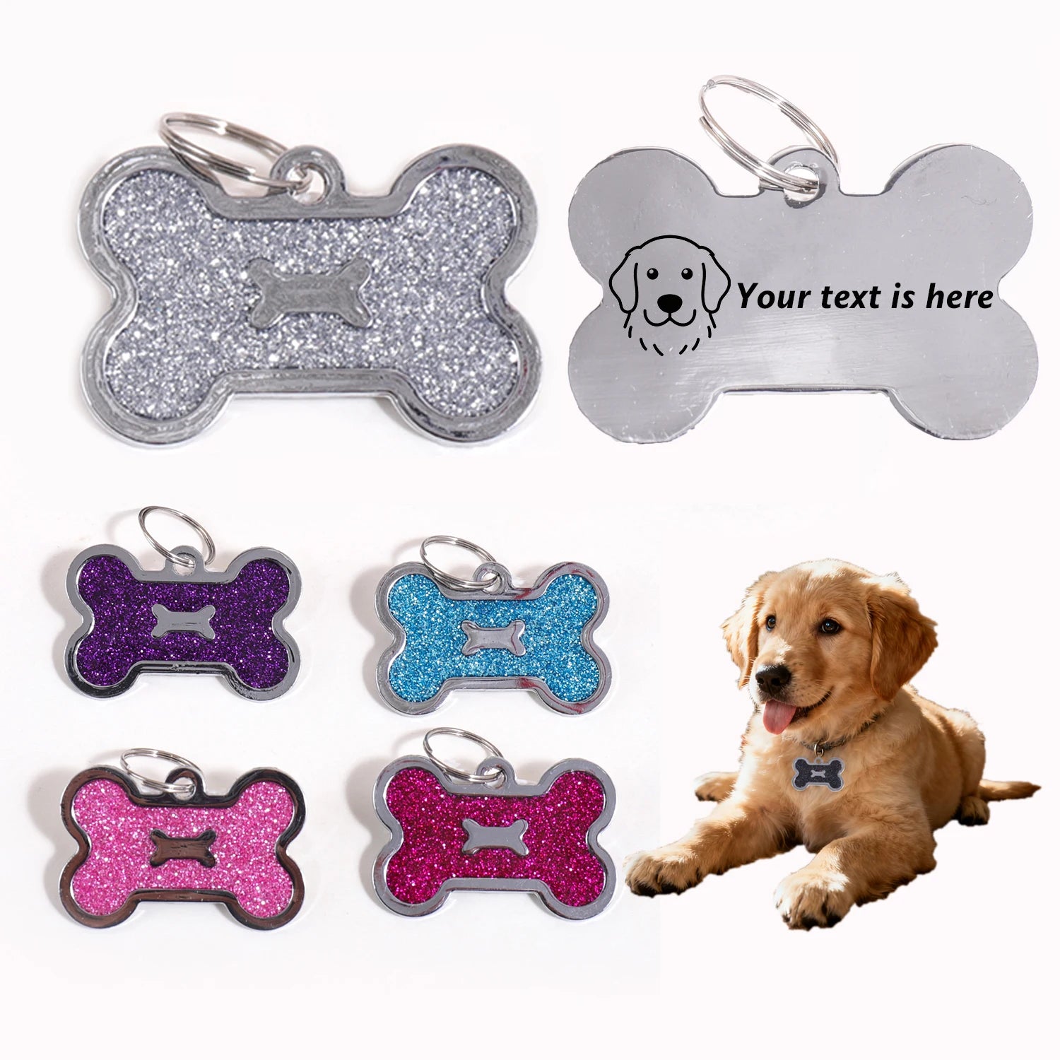 Glitter Custom Text Dog Tags Customized Name Dog ID Tag Laser Engraving Text Number Collar Pendant Personalized Name Pets ID Tag
