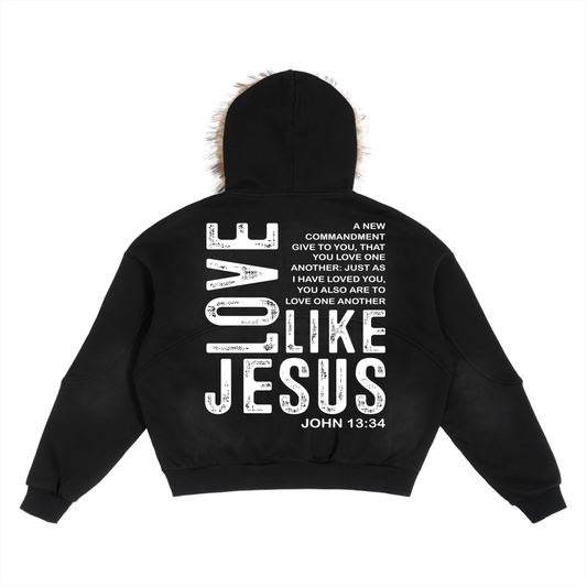 Chosen Generation Love Like Jesus Sun Fade Boxy Detachable Fur Hoodie