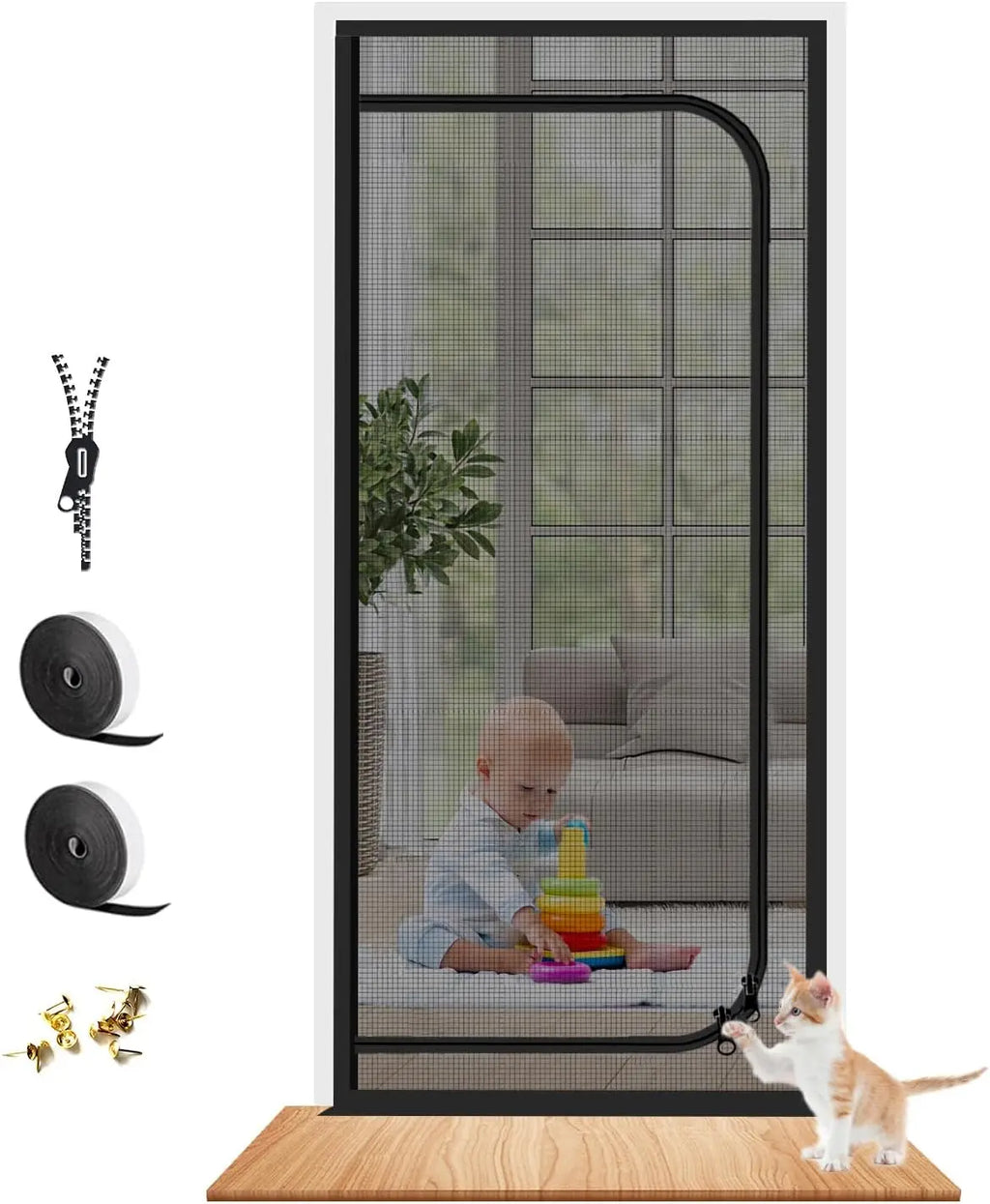 Reinforced Pet Screen Door Thickened Cat Resistant Mesh for Living Room, Patio, Fits 32x80 in, Black