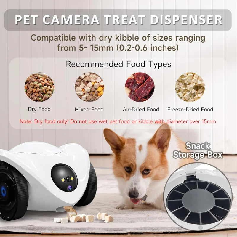 Pet Camera Treat Dispenser, Movable Robot Cam for Dogs Cats, 1080P Indoor Security, 2-Way Talk, 2.4GHz WiFi Only
