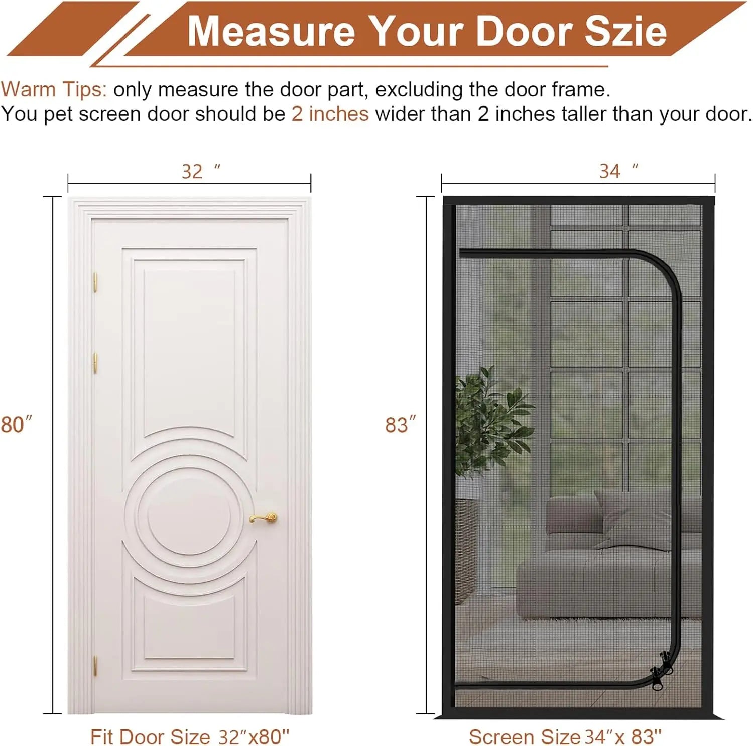 Reinforced Pet Screen Door Thickened Cat Resistant Mesh for Living Room, Patio, Fits 32x80 in, Black