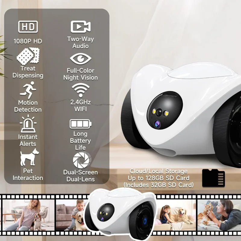 Pet Camera Treat Dispenser, Movable Robot Cam for Dogs Cats, 1080P Indoor Security, 2-Way Talk, 2.4GHz WiFi Only
