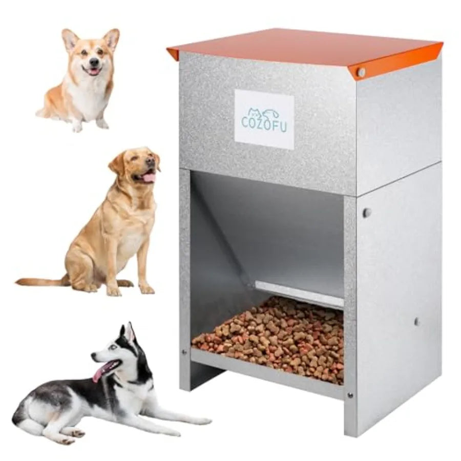 Dog Feeder - Galvanized Metal Pet Food Station for Indoor Outdoor Use - Gray - Automatic Gravity-Fed Dispenser Suitable for Sma